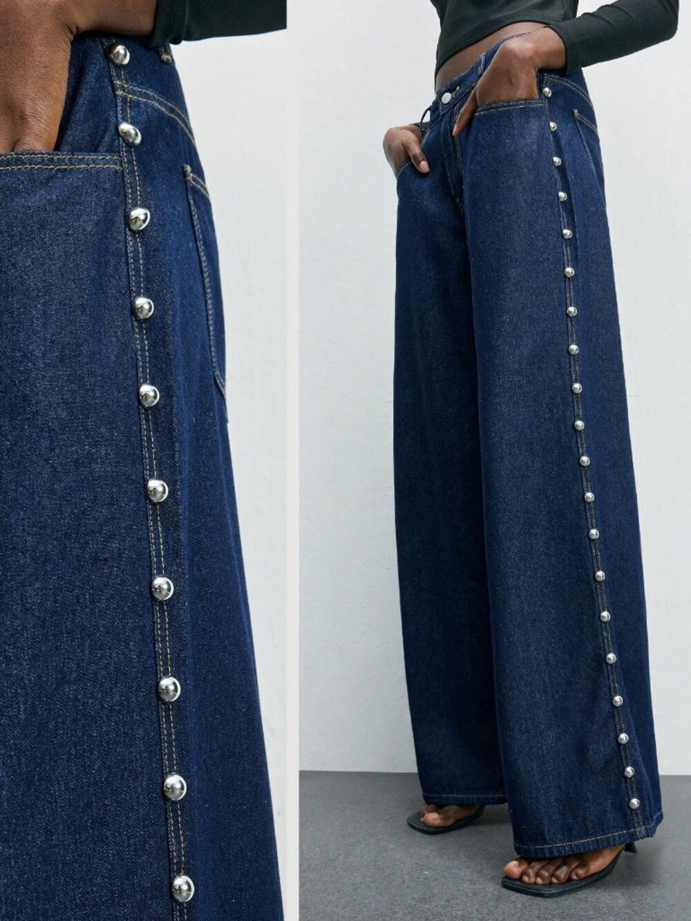 Dark Wash Casual Women's Rivet Decor Loose Wide-Leg Jeans